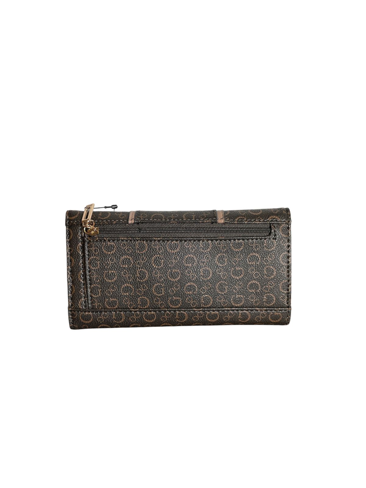 Cartera Larga GUESS Monograma Café con Broche Dorado